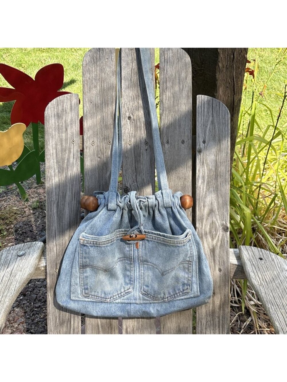 Denim Shoulder Bag Upcycled Hippie Purse Hobo Vintage Jeans Handmade 80s USA